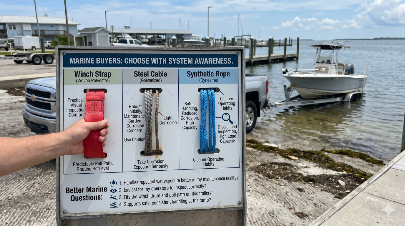 Marine trailer winch line comparison board showing winch strap, steel cable, and synthetic rope for boat trailer use